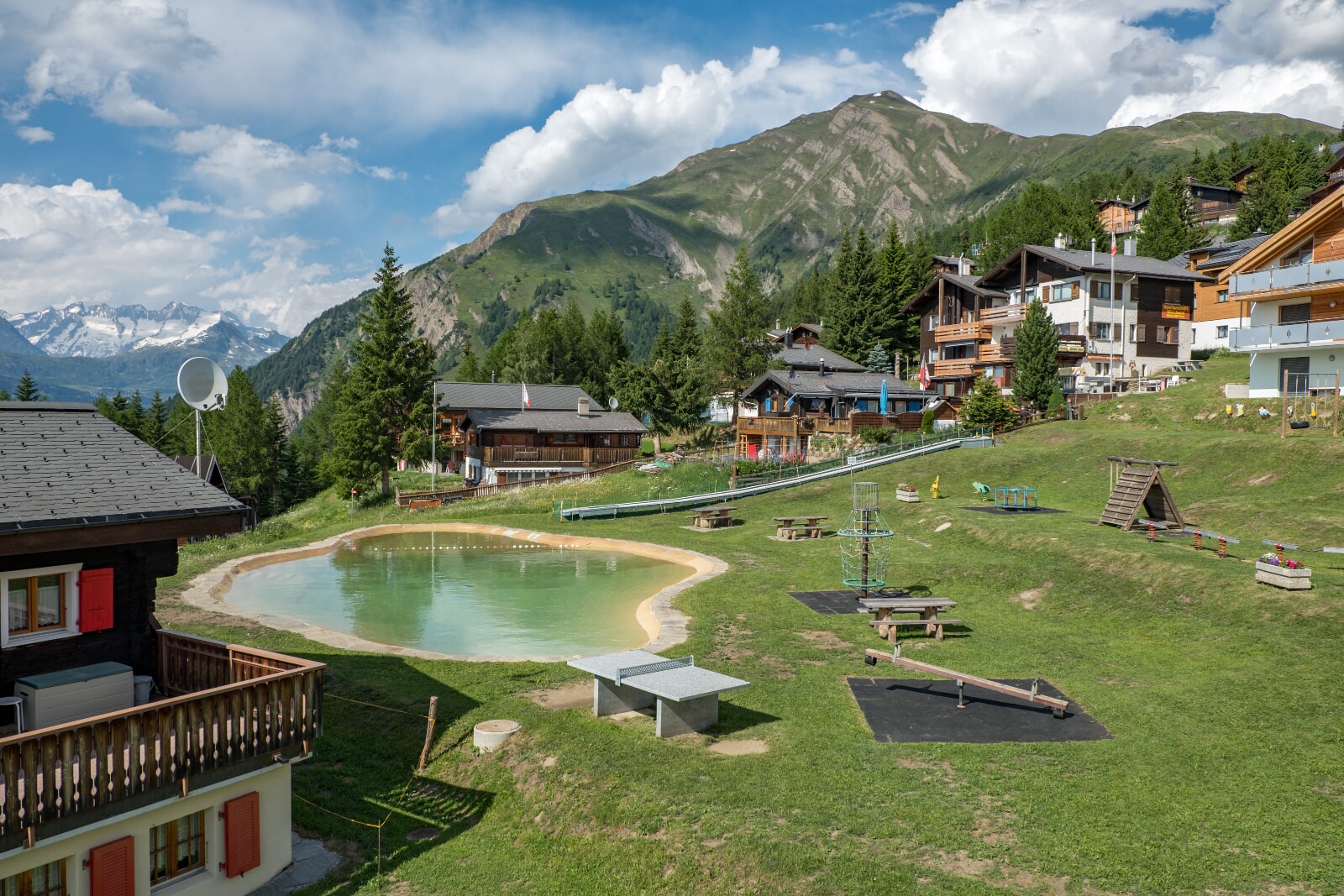 Mountain lake and playground